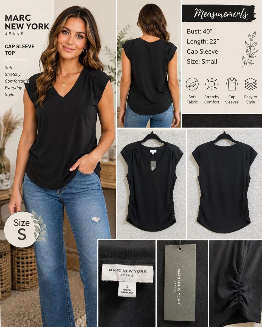 MARC NEW YORK JEANS Women’s Black Knit V-Neck Ruched Sleeveless Top S